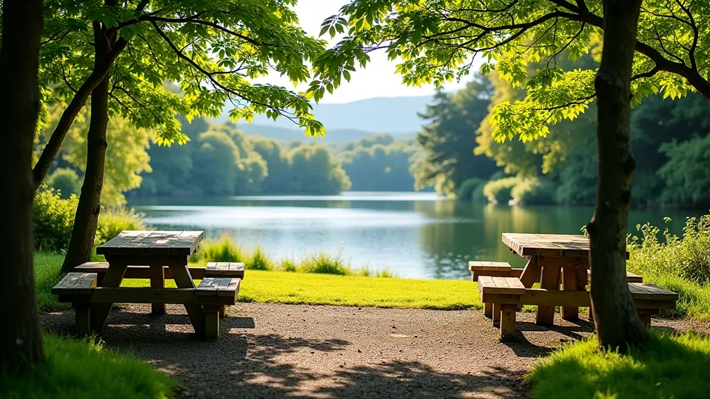 Rest area with seating overlooking water