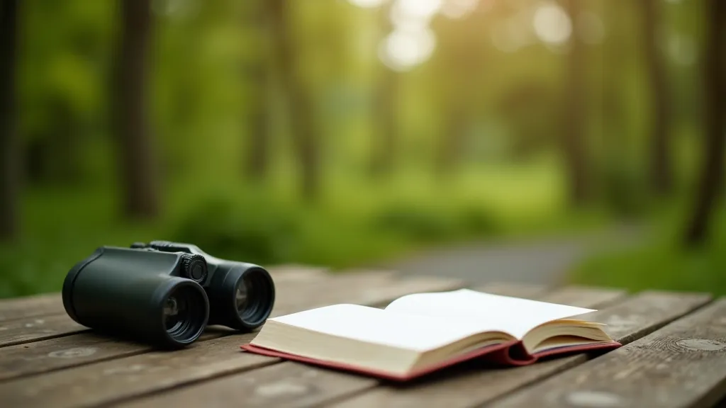 Binoculars resting on open nature journal with birds visible in landscape, wildlife observation setup
