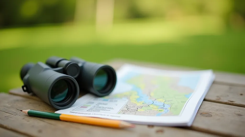 Binoculars, field guide notebook, and pencil arranged on wooden table with natural background, outdoor gear setup