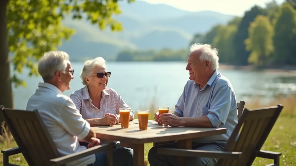Content seniors relaxing together at a beautiful lakeside rest spot in Killarney