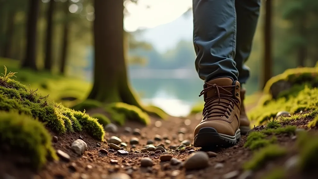 Wooden hiking boots on forest trail with lake visible between trees, sunlight filtering through foliage, natural hiking environment