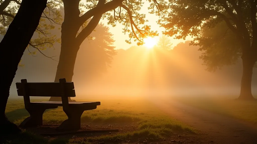 Empty park bench in early morning mist with golden sunrise light filtering through trees, peaceful nature scene