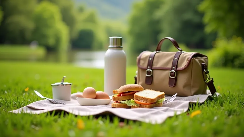Compact portable picnic setup with thermos, sandwich box, and napkins arranged neatly on blanket, minimalist outdoor dining