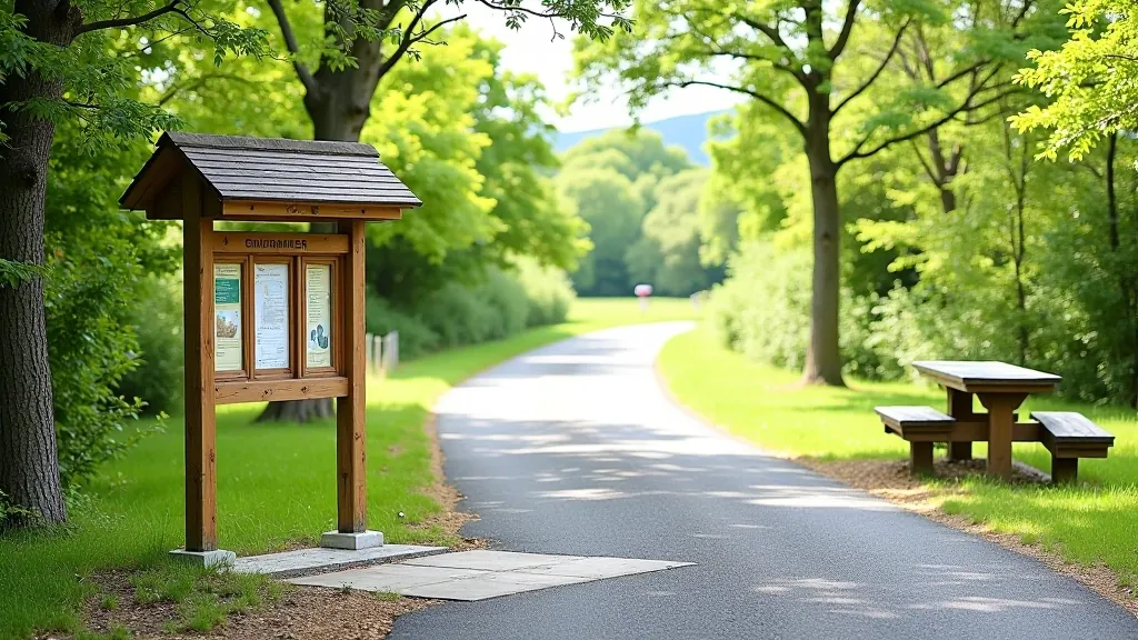 Parking area entrance to hiking trail with directional signs and wooden information board, natural park setting with trees