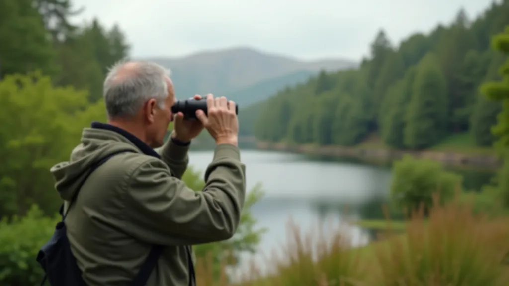 Person with binoculars watching birds in natural wildlife habitat, trees and water in background, peaceful observation moment, outdoor nature experience