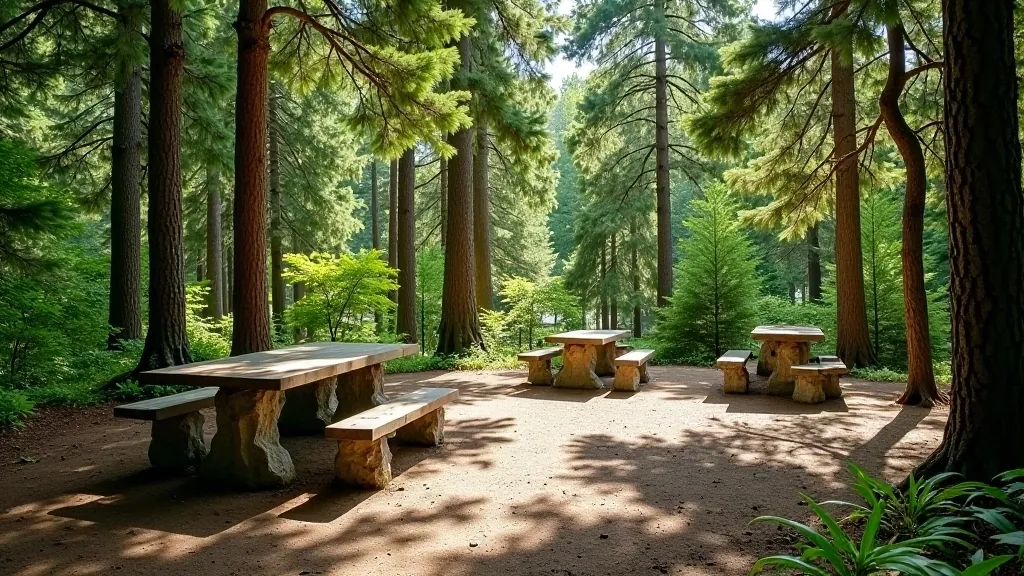 Sheltered picnic area with stone benches nestled among pine trees, protected from wind, forest setting, natural shade