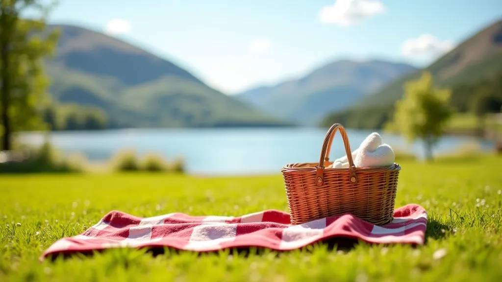 Picnic basket and blanket spread on grass with scenic lake view in background, natural outdoor setting