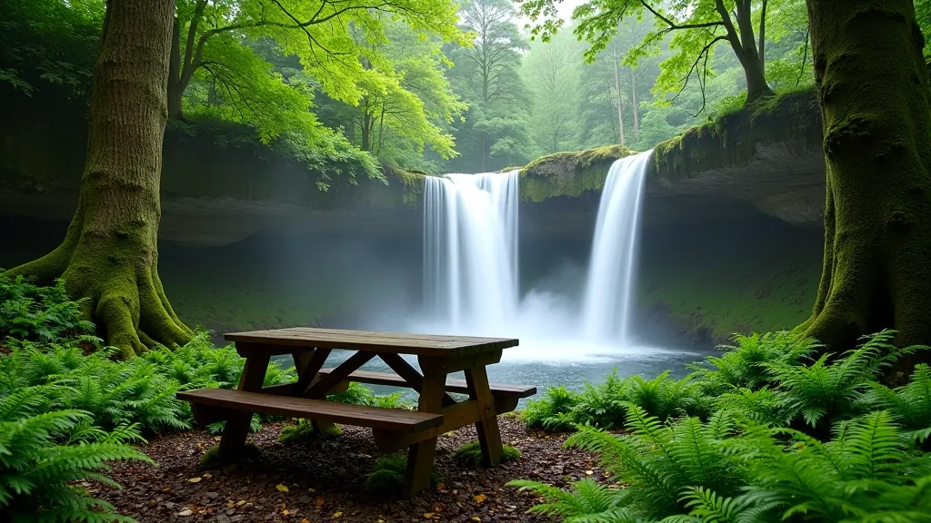 Picnic table positioned in forest clearing near waterfall, misty atmosphere, ferns and green vegetation surrounding, peaceful woodland setting