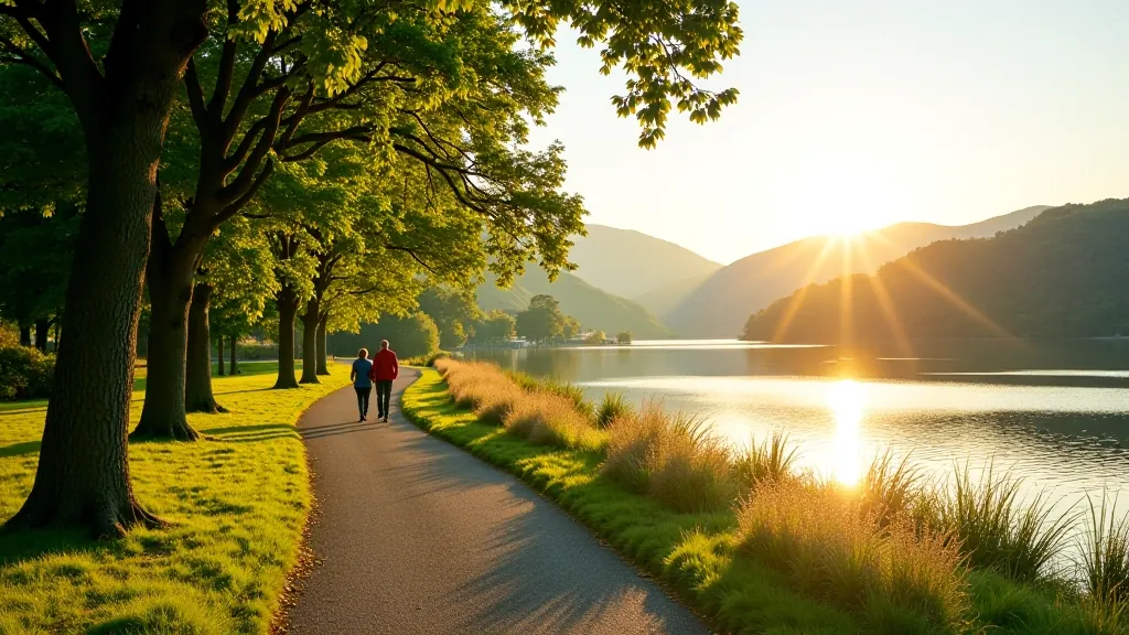 Gentle lakeside walking path with rest benches overlooking the water, scenic natural setting