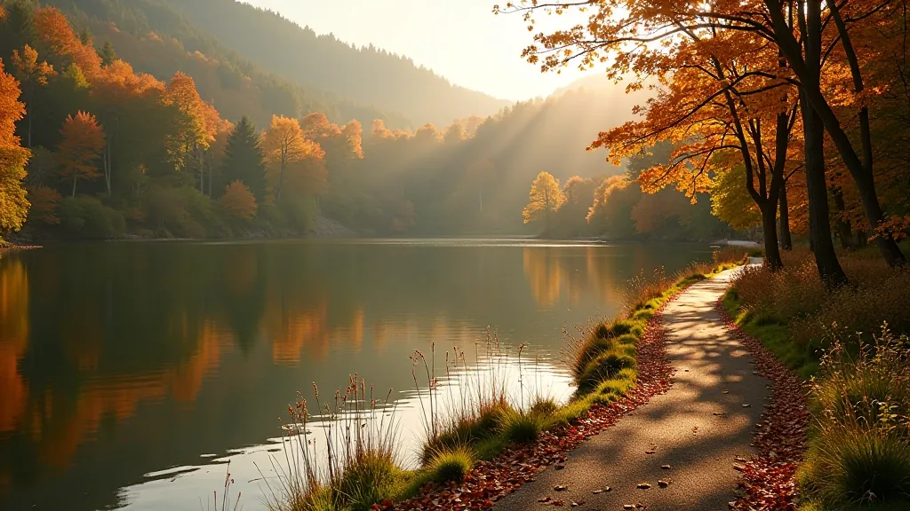 Scenic lakeside walking path in Killarney National Park with accessible features for seniors, autumn trees reflecting in water, peaceful natural setting