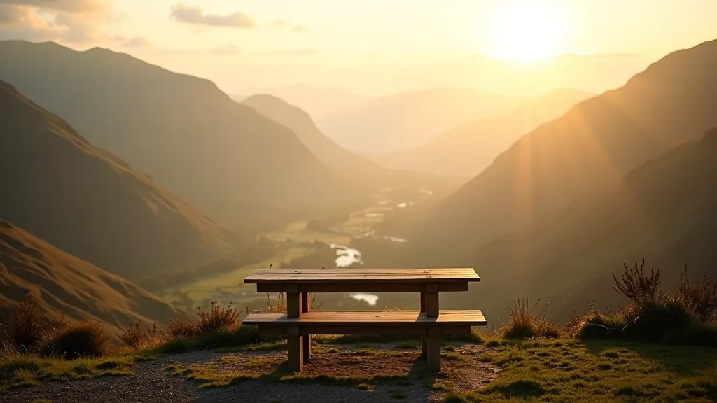 Scenic overlook bench at Ladies View with mountain valley landscape, early morning golden light, misty valleys below