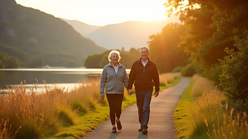 Active seniors enjoying a peaceful lakeside walk in Killarney National Park