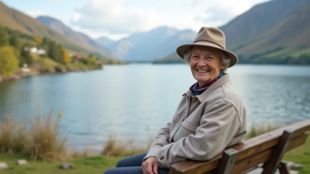 Senior woman sitting on wooden bench overlooking calm lake waters with forested mountains in background, peaceful afternoon light