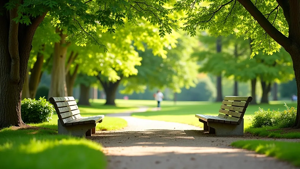 Comfortable rest area with benches in natural park setting, shade provided by trees, peaceful environment, accessible facilities visible, sunny day