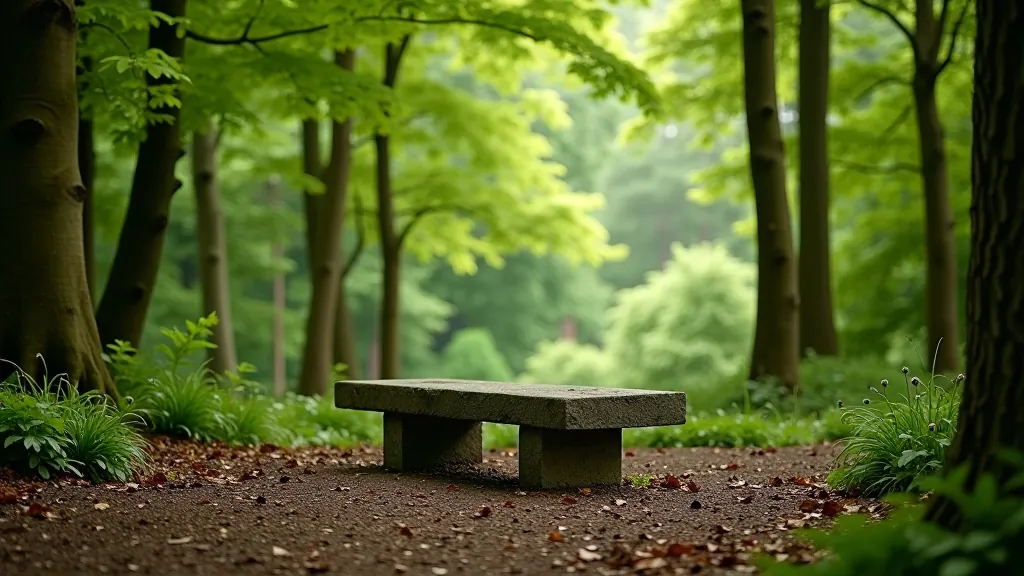 Shaded woodland rest area with stone bench surrounded by native trees, natural canopy overhead, peaceful forest setting