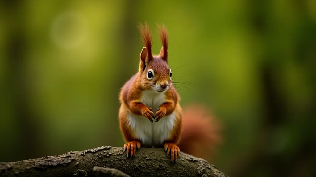 Red squirrel on tree branch in natural forest setting, alert posture, detailed fur visible, outdoor wildlife photograph