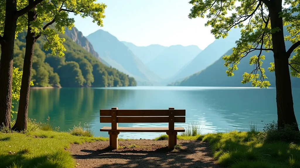 Peaceful lakeside wooden bench with clear water view, dappled sunlight through trees, mountains visible across lake