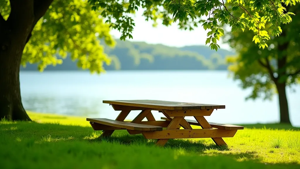 Wooden picnic table overlooking Lough Leane with mature trees providing shade, scenic water view, clear sunny day